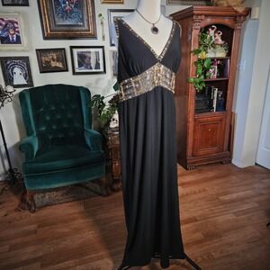 Y2K Fiesta Black Empire Waist Beaded Sequin Formal Dress Open Back Evening Gown